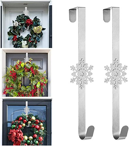 2Pcs Christmas Snowflake Wreath Door Hanger, 15in Metal Wreath Reef Door Hanger Hook Snowflake Decor Hook for Xmas Party Decor Door Wall Home Office (Silver)