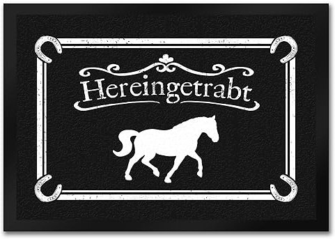 speecheese Hereingetrabt Pferde und Reiter Fußmatte in 35x50 cm in Dunkelgrau Türvorleger für Stall Pferdeliebhaber Hof Reiter Geschenk Pferd Schmutzfangmatte traben Türmatte
