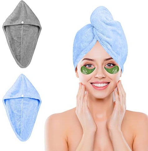 MSDADA Haarturban Handtuch, 2 Stück Microfaser Turban mit Knopf für die Haare Schnelltrocknend Superabsorbierender Haarhandtuch Haartrockentuch für Alle Haartypen(Blau+Grau)