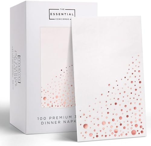 The Essential Concierge 100 Disposable Rose Gold Napkins, 7.5 x 4.25 Inch, 3-Ply Paper Napkins, Rose Gold and White | Soft 3-ply paper, foil-stamped detail, elegant place settings, receptions, holiday entertaining, baby showers, anniversaries