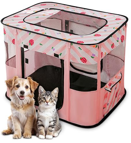 ALLSOPETS Parc pour Chien Pliable, Enclos Portable pour Chiot Chat Lapin, Tente Respirante d’Intérieur/Extérieur avec Sac de Transport, Idéal pour Voyage et Camping (Fraises Roses, L)
