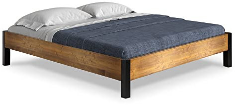 moebel-eins CURBY Bett mit Metallfuß, ohne Kopfteil, Material Massivholz, rustikale Altholzoptik, Fichte