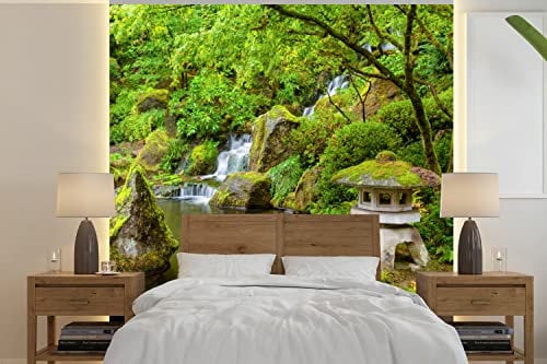 Selbstklebend Tapete Wandpapier Wandaufkleber Fototapete Tapeten Wanddeko 350x350 cm Wasserfall - Koi - Japanische Laterne - Moos - Wasser
