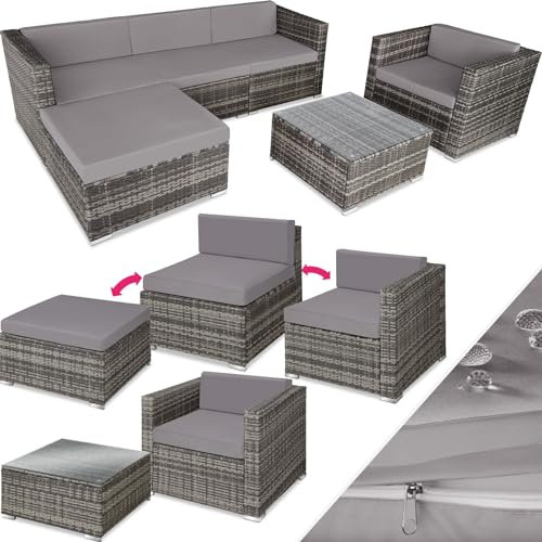 TecTake® Conjunto Jardín de Ratán, Muebles Jardín Exterior 4 Sillones, 1 Mesa con Cristal, 1 Sillón Puf, Conjunto Terraza Resistente a la Intemperie, con Cojines, Modular, Estructura en Acero - Gris