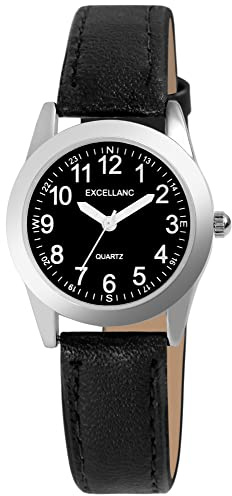 Excellanc Damen-Uhr Kunstleder Dornschließe Leuchtzeiger Analog Quarz 1900289 (schwarz schwarz weiß)