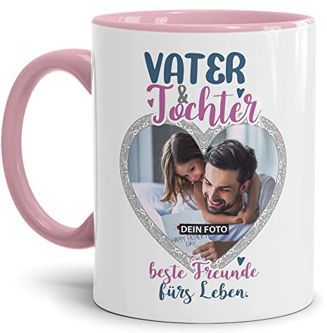 Tassendruck Tasse mit Foto personalisieren - Vater & Tochter beste Freunde - Persönliches Geschenk für Papa, Vater Geschenkidee | Personalisiertes Geschenk, 300ml, Innen & Henkel Rosa