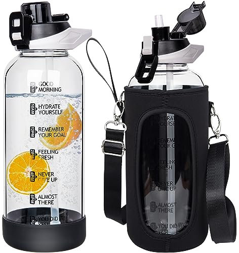 Seekua 1.5l Large Glass Water Bottle with Straw & Time Markings 1.5 litre Big Motivational Glass Drinking Bottle BPA free Leakproof