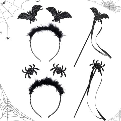 LGZIN 2 Stück Karneval Haarreif mit Zauberstab, Halloween Kopfschmuck Damen mit Glitzereffekt, Fledermaus Spinne Haarreif Damen, Fledermaus Stirnband, Halloween Kostüme Haarschmuck Accessoire