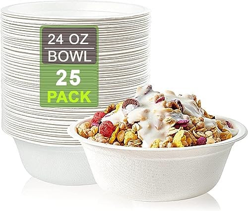 25 Pack - 24 Oz/750 ml, Super Rigid Bagasse Bowls, Biodegradable and Compostable, Eco-Friendly White Sugarcane Paper Bowls Perfect for Milk Cereals Snacks Salads Picnics & BBQ Parties