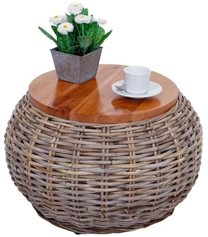 Mendler Beistelltisch HWC-M30, Rattantisch Blumentisch Kaffeetisch Loungetisch Holztisch, rund 33x49x49cm, Kubu Rattan Natur