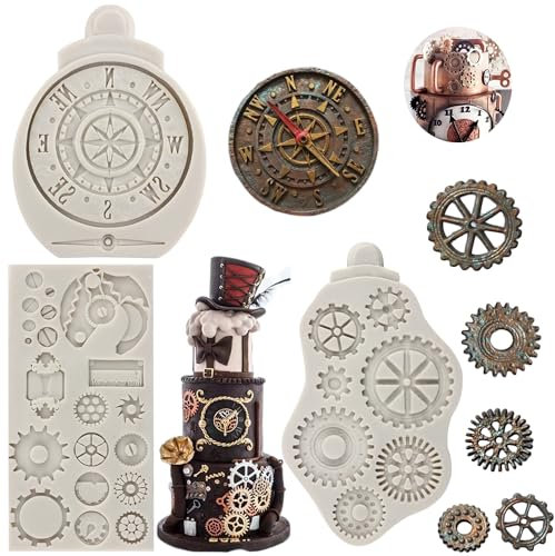 MYPRACS 3 Stück Steampunk Zahnrad Silikonform Kompass Zahnräder Zahnräder Zähne Fondant Formen für Steampunk Reise Themen Kuchendekoration Schokolade Süßigkeiten Cupcake Topper Polymer Ton