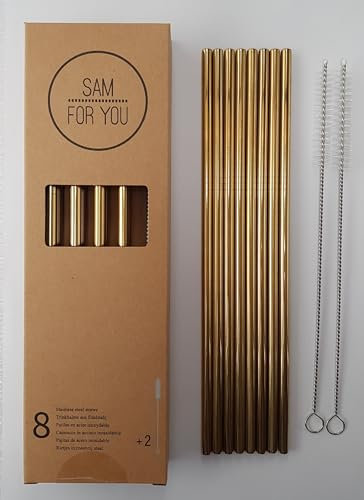 Sam for You Strohhalme aus Edelstahl, Set von 8 Trinkhalme und 2 Reinigungsbürste, wiederverwendbar, ideal für Cocktails, Heiß- und Kaltgetränke (Gold)