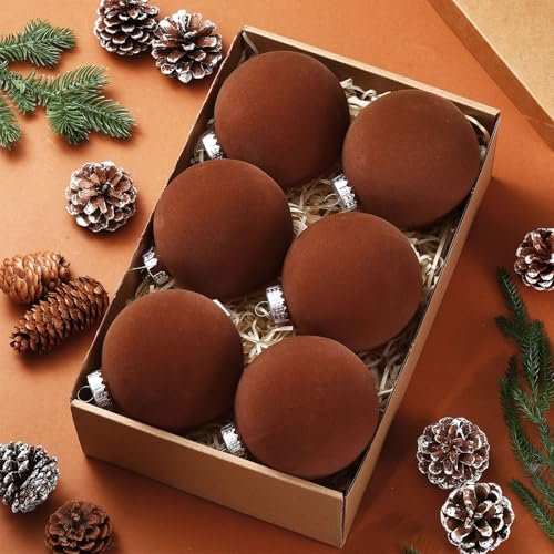 PullCrease 6 Stück große Samt-Weihnachtskugeln, 9,9 cm, Vintage, neutral, braun, Weihnachtsschmuck, hängende beflockte Baumschmuck für Urlaub, Party, Weihnachten (braun)