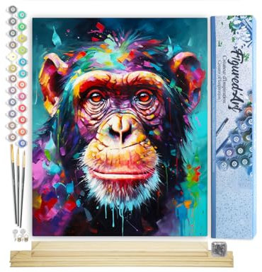 Figured'Art Peinture par Numéro Adulte avec Cadre Chimpanzé Coloré Abstrait - Activité Manuelle Kit de Loisir Créatif DIY Numéro d'Art Complet Animaux - 40x50cm avec châssis en bois à monter