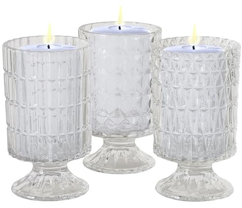 Hamptons Short Stem Goblet Candle Holders, Fancy Textured Bodies, Clear Glass, 6.75, for 3 Votive and Pillars