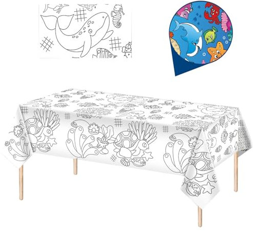Papier Tischdecke zum Ausmalen,137x274cm Ausmaltischdecke zum Kinder Beschäftigung,Rechteck Wasserdicht Rätsel Tischdecke,Unterwasserwelt Thema Partydekorationen beim Kindergeburtstag