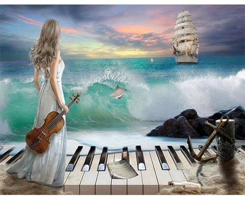 TDFERAN/50x40CM Diamond Painting Kit Complet Carré-Broderie diamant 5D Femme Musicien,Tableau Diamant Piano, Avec Strass à Foret Plein en Résine, pour Décoration Murale Domestique