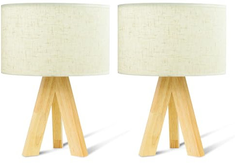 Himmel 2er Set Nachttischlampen Holz, Nachttisch Kinder Schreibtisch Lampe mit Stoff Schatten für dekorative Schlafzimmer, Wohnzimmer, Geschenk (Beige)