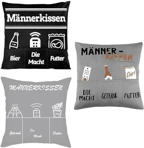 3 Stück Männerkissen mit Taschen Set, 45 * 45cm Deutschen Kissenbezug, Personalisiertes Kissenhüll, Dekokissen Kissen Geschenk für Papa Männer Geburtstag Vatertag Weihnachten(2Grau+1Schwarz)