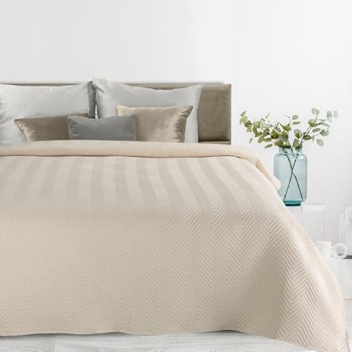 Eurofirany Stillvolle Decke in eleganter Karomuster-Steppung, Lein-Optik, perfekte Sofa- und Tagesdecke (Creme, 170x210 cm)