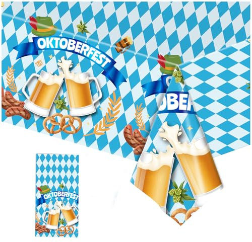Oktoberfest Tischdecke,Oktoberfest Deko,Bayern Party Dekoration Bayerische Tischdeko,Blau Weiß Bayrische Bier Tischtuch Set,Biertisch Plastik Einweg Tischdecken,für Festival Tisch(137×274cm)