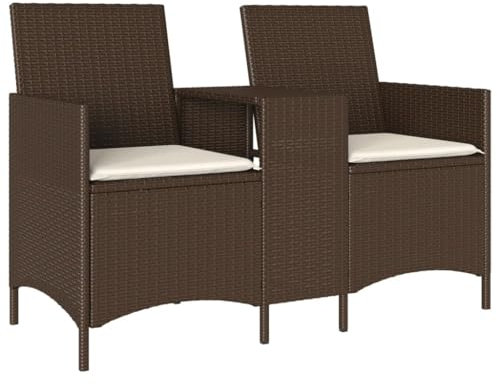 vidaXL Gartensofa 2-Sitzer, Gartenbank mit Tisch Kissen, Sitzbank für Garten Terrasse Balkon, Gartenmöbel Gartensessel, Braun Poly Rattan