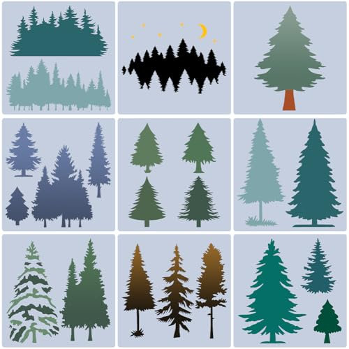 GORGECRAFT 9 Stück Weihnachtsbaum Kunststoff Schablone Kiefern Zeichenvorlage Winterurlaub Tannenbäume Wald Malvorlagen Für DIY Kunsthandwerk Möbel Leinwand Holz Heimdekoration 19.8x19.9cm