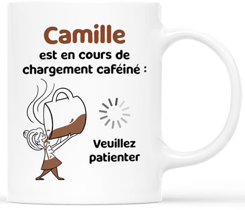 Cadeau Plus Mug Personnalisé Prénom - Chargement Caféiné - Mug drole homme, mug rigolo homme, tasse humour femme, tasse humour collegue (Femme - Blanc)