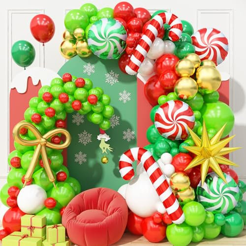 Christmas Balloon Arch Garland Kit, 141Pcs Red and Green White Xmas Balloon with Candy Cane Gold Explosion Star Foil Balloons for Merry Christmas Holiday Woodland Winter New Year Party Decorations