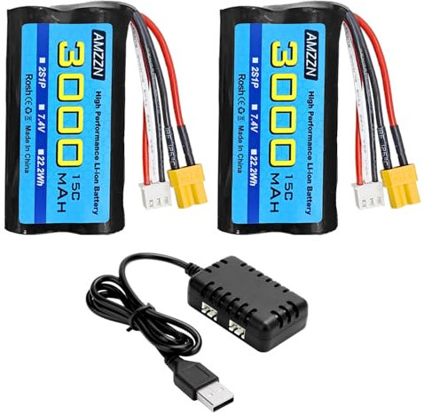 AMZZN 2PCS 7.4V 3000mAh 15C 2S XT-30 Plug Li-ion Battery with 2-in-1 Charger for RC High-Speed Cars, Trucks RC Ship Model Car and Huina Engineering Vehicle Batteries