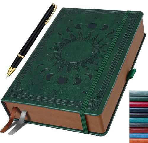 HwxBen Journal für Männer & Frauen, 360 Seiten Hardcover-Journaling-Notizbuch mit Stift im Vintage Sonne & Mond Design, Dunkelgrün, 19,6 x 25,4 cm