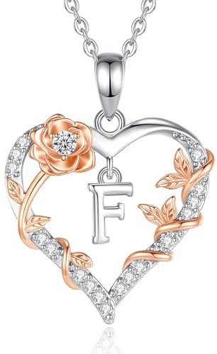 EUDORA Harmony Ball Herz Rosen Kette mit Buchstaben F für Damen mit Zirkonia, Silber Buchstabe Ketten Initialen Halskette Alphabet Anhänger Schmuck mit Namen Geschenke für Frauen Mutter Tochter, 18