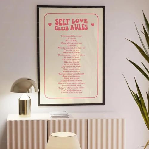 Moderne Motivierende Zitate „Self Love Club Rules“ – Rosa – Tägliche Affirmationen – Kunstdruck Auf Wand – Bilder Für Preppy Room – Wohnheim – Dekoration – A2 30X40Cm Kein Rahmen