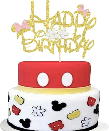 SYKYCTCY 1 Pack Mini Inspired Happy Birthday Cake Toppers with Glitter Bow Mini Mouse Inspired Cake Pick Decorations for Baby Shower Kids Birthday Party Decorations Supplies (Color-02)