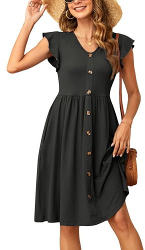 SENBATU Sommerkleider Damen Rüschen Ärmel V-Ausschnitt Strandkleid Plissee Midi Kleid mit Taschen Einfarbig Schwarz Klein S 34-36