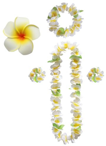 5 Stücke Blumenkette Deko,Leis Blumenketten Hawaii,Bunte Hawaii Kette Blumen,Hawaii Kostüm Damen Zubehör,mit Armband Haarclips,für Karnevals Tropisches Luau Strand Hochzeit Party Deko (Grün+Weiß)