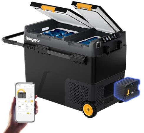 BougeRV CRD2 57L Nevera Portátil con Batería Recargable de 173Wh Doble Puerta Dos Zonas con Ruedas Congelador Refrigerador Compresor 12/24V 220V para Coche APP Control -20 a 20 °C (Asa de Aluminio)