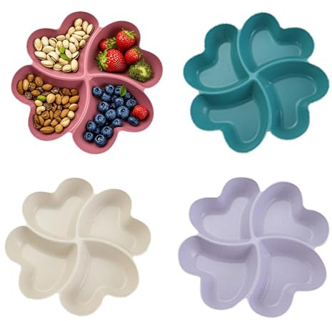 SJDOFU Piatto da spuntino a forma di cuore, 4 piatti da spuntino con scomparti, vassoio per caramelle, frutta secca (viola, verde scuro, albicocca rosso)