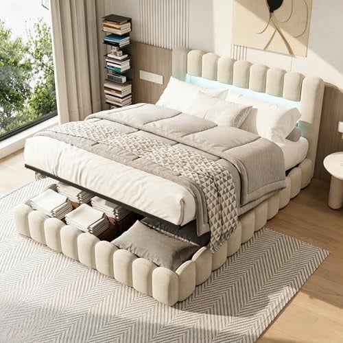 BRILVERDE Polsterbett 180x200 mit Stauraum unter Bett, Bubble Bett mit LED und USB, Jugendbett mit Kopfteil, Bettgestell mit Lattenrost, Leinen (Beige, 180 x 200 cm)