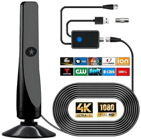 Antenne TV Intérieur Numérique TNT avec Amplificateur de Signal | Réception 360° pour Chaînes Locales | Antenne Télévision Numérique avec Câble Coaxial 3m (HD/4K)