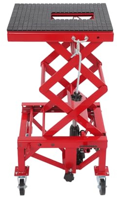 Xingfx Hydraulik Motorradhebebühne 200kg | Höhenverstellbar 35–87cm | Mit Rollen & Arretierung | Werkstatt-Motorradheber mit Gummiauflage & Ölablassloch–Rot