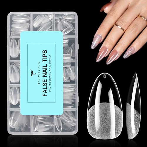 TOMICCA 240pcs Almond Nail Tips, Full Cover Soft Gel Nail Tips for Acrylic Nails, Clear Medium False Nail Tips Pre-Shaped, Press on Fake Nails for Nail Extensions DIY Manicure Home Salon, 15 Sizes