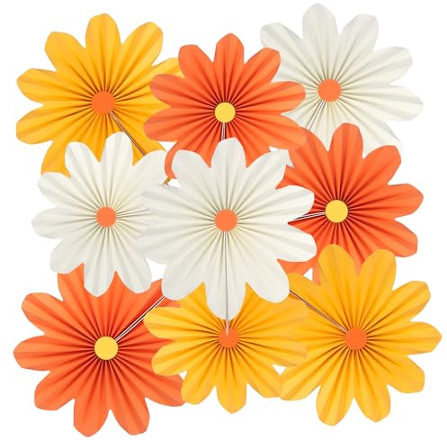 9Pcs Paper Flower Decorations, Daisy Party Decorations Orange Yellow Hanging Paper Fans Party Decoration, Paper Flowers Decoration for Wedding Classroom Birthday Wedding Wall Backdrop