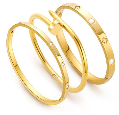 3 Pezzi Oro Bracciale Donna Acciaio, Bracciale Amicizia Donna Bracciali Rigido 18K Oro, 17CM Quadrifoglio Bracciali Tennis con Zirconio, Braccialetti Donne Regalo Amica Regali Mamma Festa della Mamma