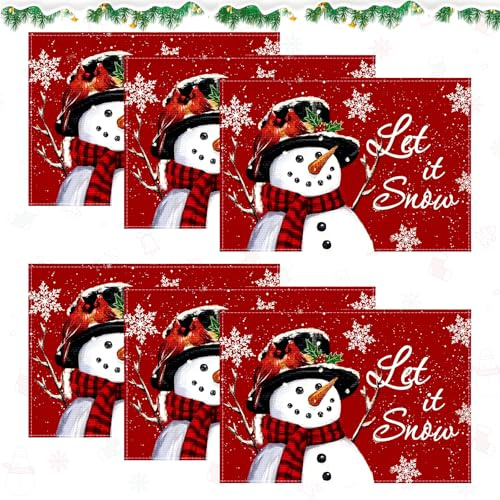 Koxtyzo Weihnachten Platzsets 6er Set, Platzsets aus Leinen 45x30 cm mit Schneemann Schneeflocken, Festliche Tischdeko für Weihnachtsfeier, Familienessen und als Geschenk