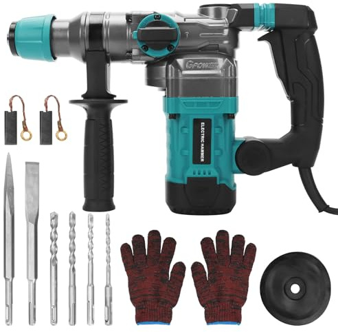 Bohrhammer 1200W, Elektrisch Schlagbohrmaschine, Abbruchhammer mit 3 Funktionen, Anti-Vibrationsgriff und Sicherheitskupplung, Bohrer und Meißel, Werkzeugpaket Koffer, Bohrhammer für Bohren
