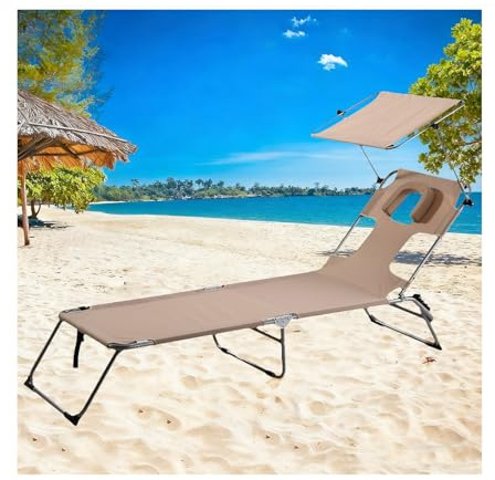 HUFIREHU Relaxliege Liegestuhl Campingliege Klappbett Mit Matratze Foldable Bed Schlafsessel Klappbar Sonnenliege Camping Matratze Geeignet FüR BüRoarbeit Und Nickerchen(Khaki,190 * 58CM_Awning)