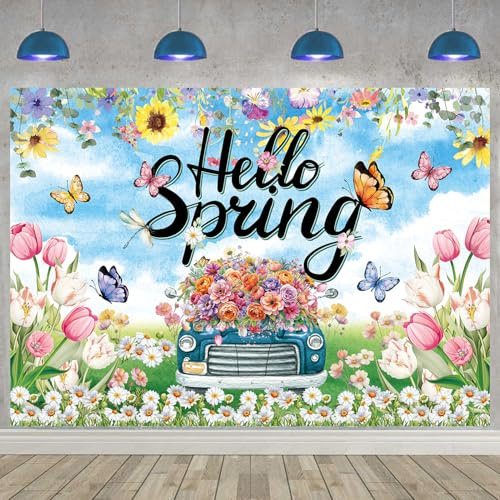 Spring Backdrop Colorful Floral Butterfly Tulip Flower Hello Spring Photography Background Easter Holiday Party Decorations Indoor Outdoor Photo Booth Props (7X5FT(82 x 59 inch))
