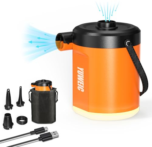 Portable Air Pump for Inflatables with 5000mAh Battery & Camping Light, 280L/min Ultra-Fast Electric Air Pump, Inflate Deflate for Air Mattress Pool Floats Swimming Rings Yoga Balls