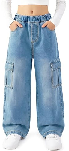 Keyck Jeans Cargo per Bambina Baggy Denim Pantaloni 12-13 Anni, Azzurro